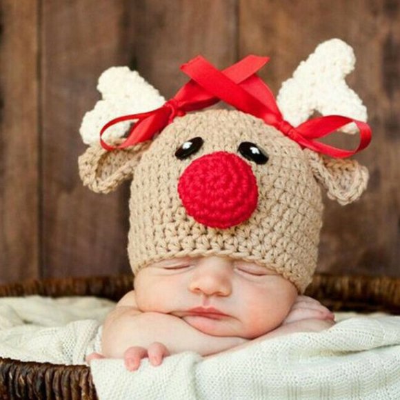 Infant Brown/White Rudolph Christmas Newborn with Bow-Knot Beanie/Hat - Picture 1 of 5